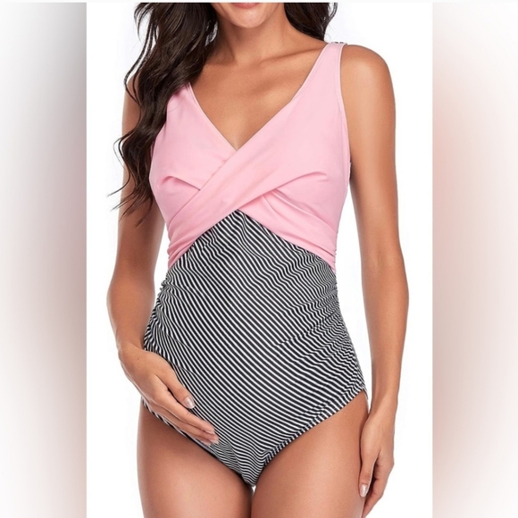 Pink and Black Striped Women's Swimsuit - Picture 1 of 6